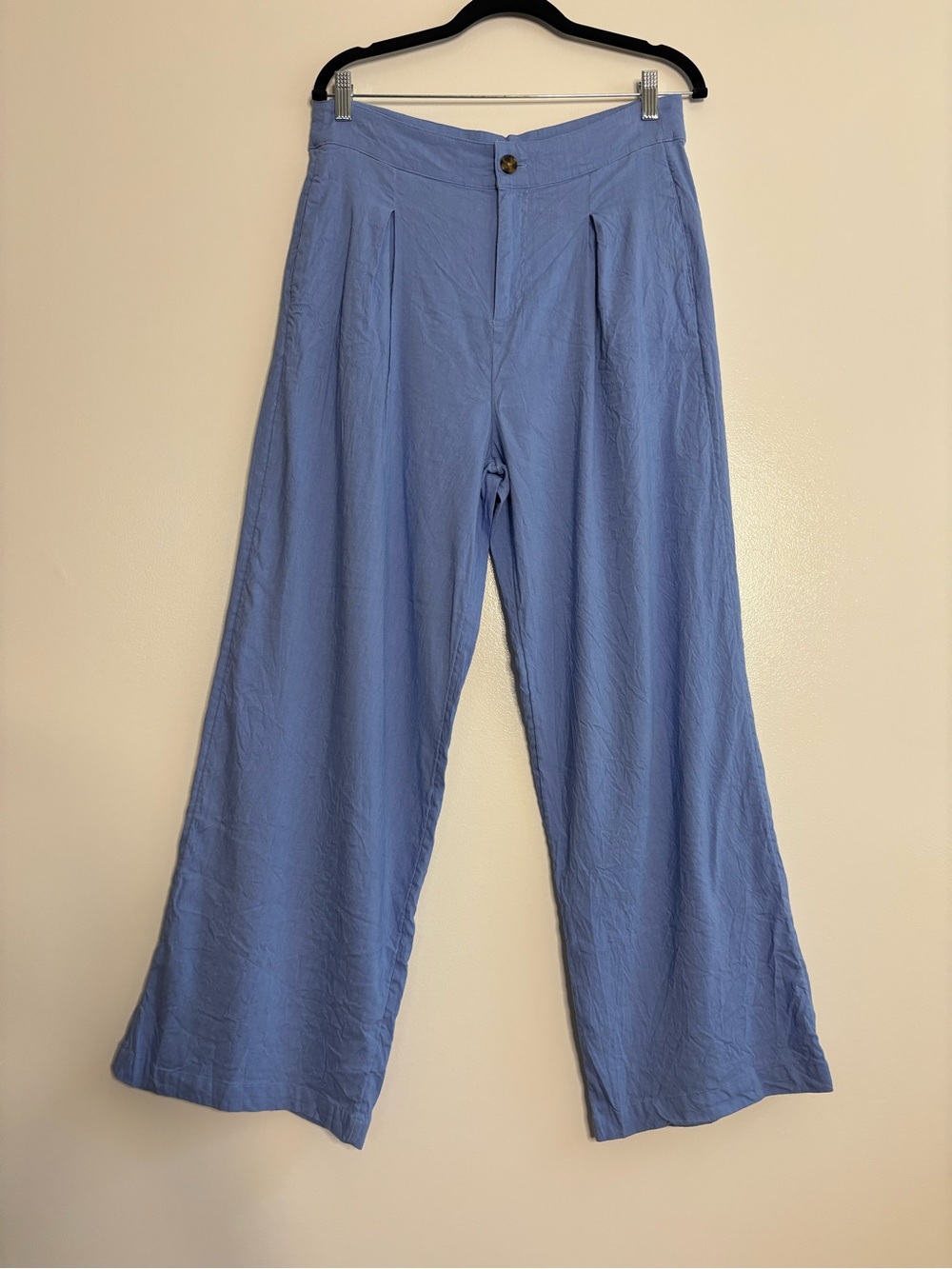 Halston Linen Blend Wide Leg Pleated Front Blue Pants Size 10